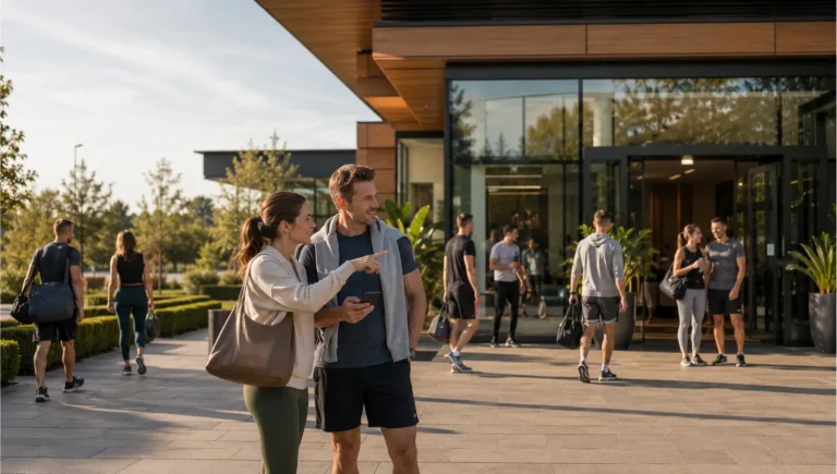 Two prospective members discussing David Lloyd club tiers outside a modern premium British health club.