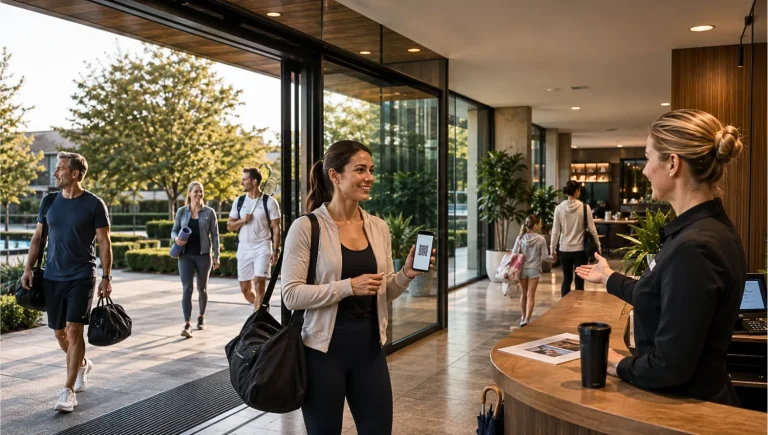 Prospective visitor checking into a premium British health club with a David Lloyd day pass before trying the facilities.