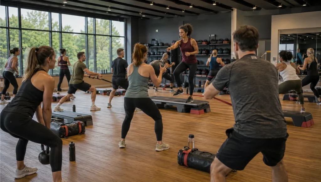 Instructor leading an energetic premium group fitness class in a modern British health club