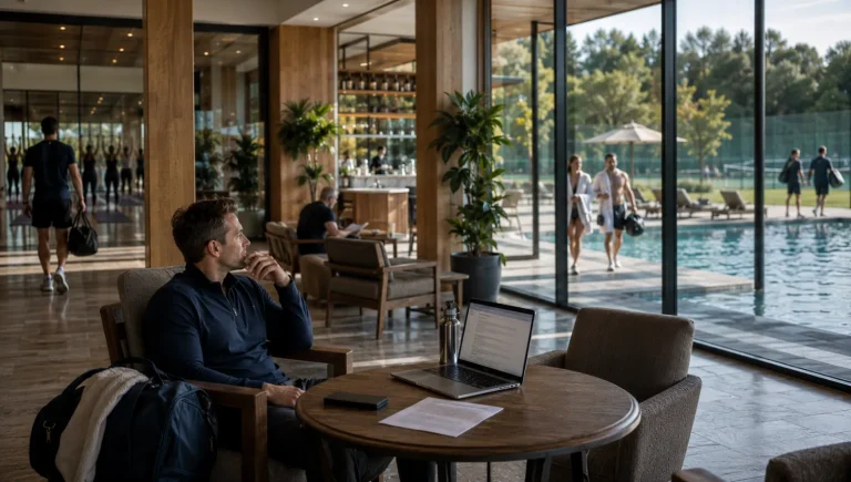 A David Lloyd member thoughtfully reviewing their membership before deciding whether to cancel, inside a premium health club lounge.