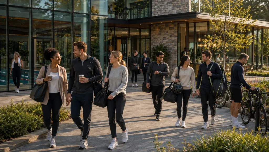 Employees arriving together at a premium health club before work as part of an employer-sponsored corporate membership programme.