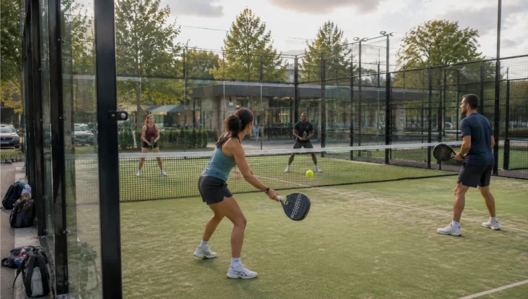 Players competing on a glass-sided padel court at a British health club