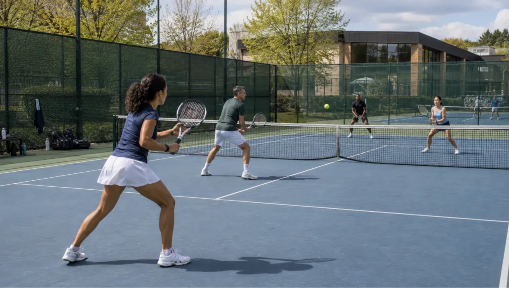 Members playing tennis on outdoor courts at a British health club