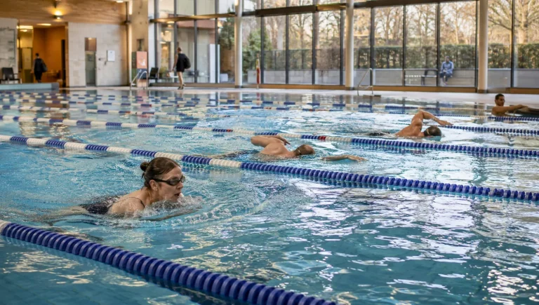 Swimmers sharing pool lanes while following lane swimming etiquette