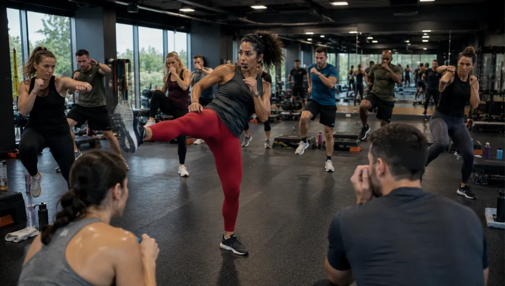 Instructor leading a high-energy martial arts-inspired HIIT class in a premium British health club