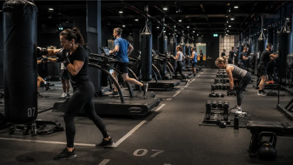 Members completing a Blaze high-intensity circuit with punchbags, treadmills and weights