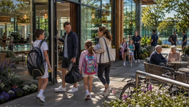 Family arriving at a premium health club with children carrying swimming and tennis equipment before enjoying the facilities together.