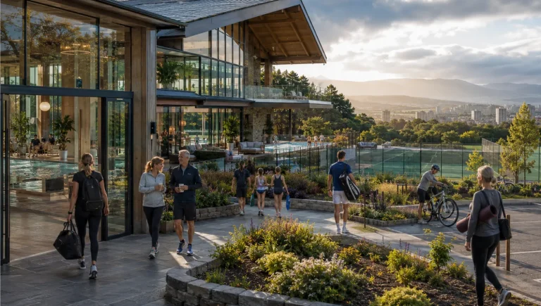 Modern premium health club in Scotland surrounded by dramatic Scottish scenery with members arriving for swimming, tennis and fitness.
