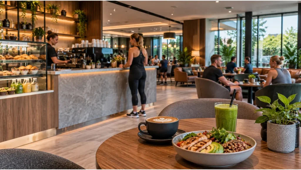 Modern health club café with comfortable seating, coffee and food service counter