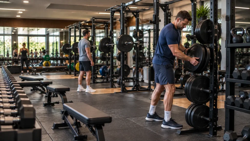 Gym member returning weight plates to a rack in a modern health club