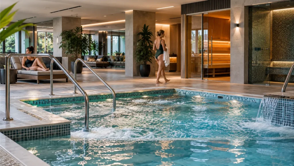 Health club spa with an indoor pool, relaxation area and sauna